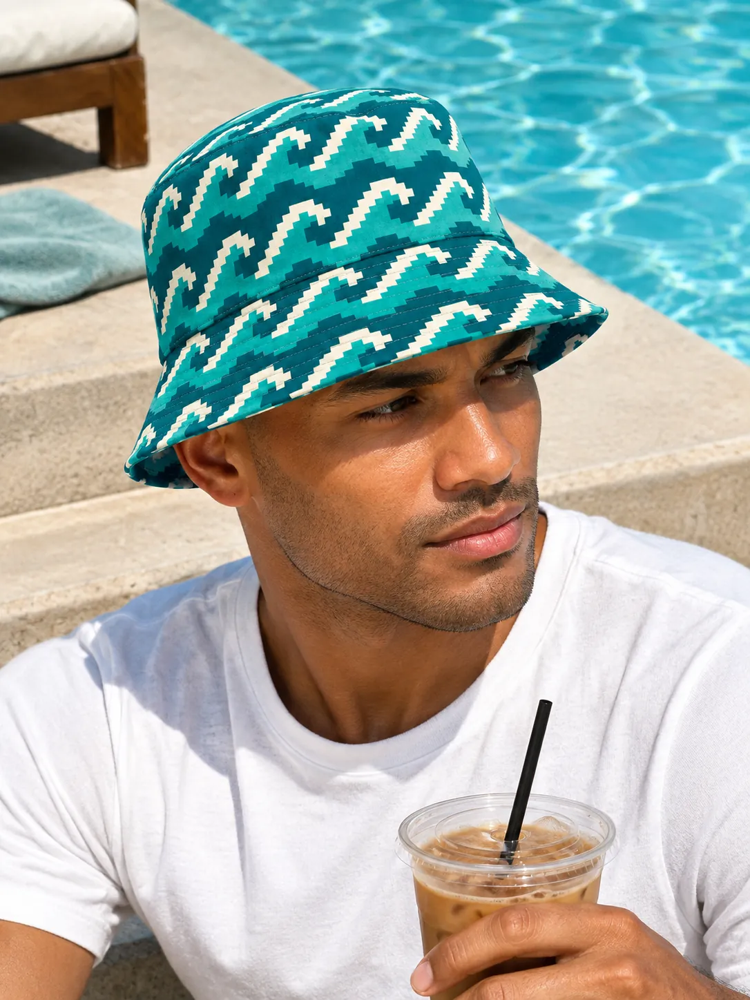 8-Bit Swell Bucket Hat, worn at the pool