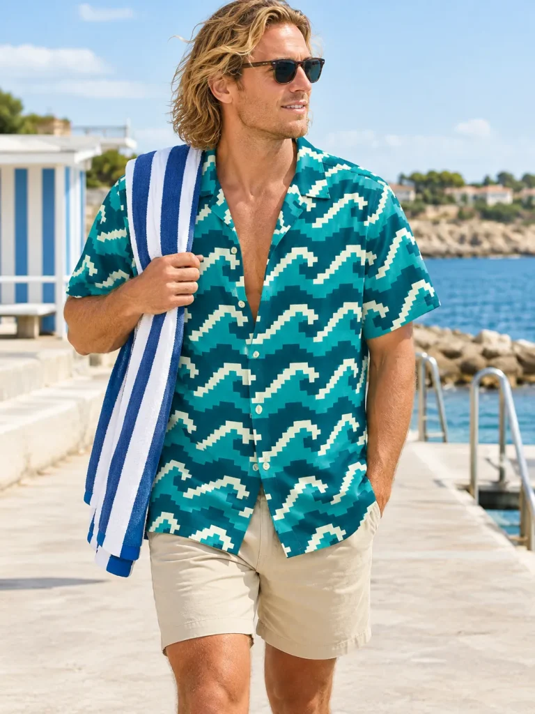 8-Bit Swell Camp Shirt, worn at the pool