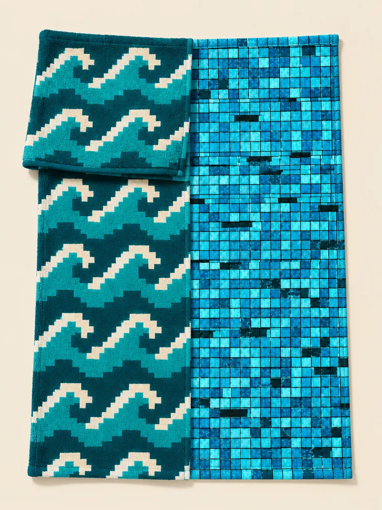 8-Bit Swell × Grout Glitch Split Beach Towel, flat-lay product photo