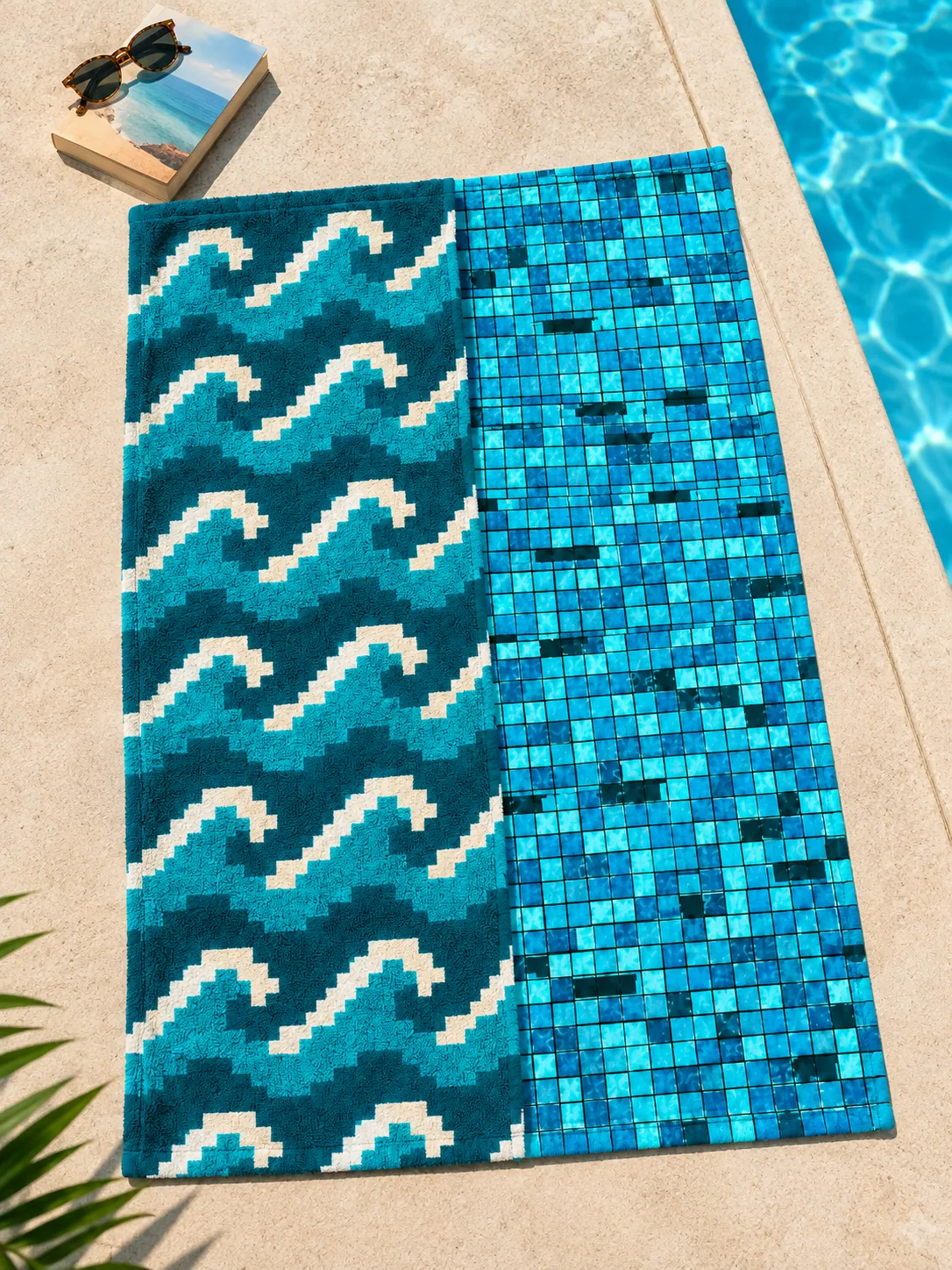 8-Bit Swell × Grout Glitch Split Beach Towel in use at the pool