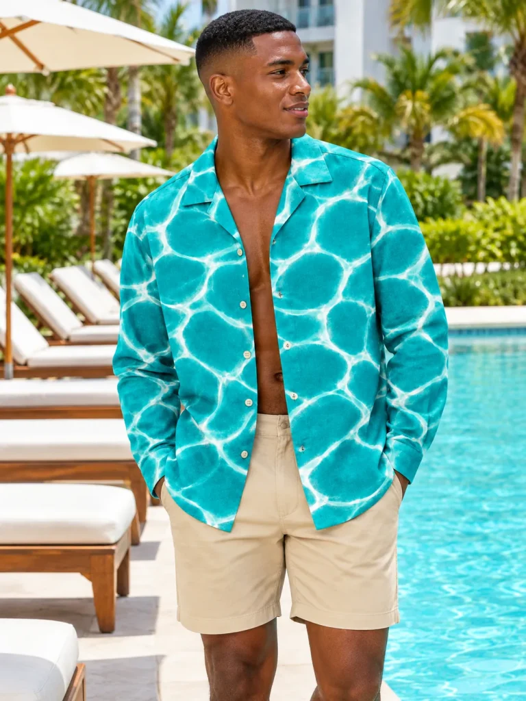 Big Ripple Long-Sleeve Camp Shirt, worn at the pool