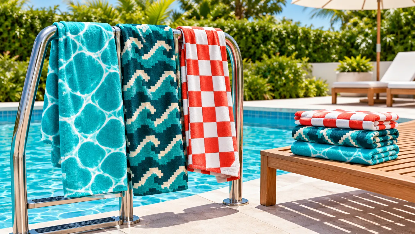 Printed beach towels over a pool ladder and a bench