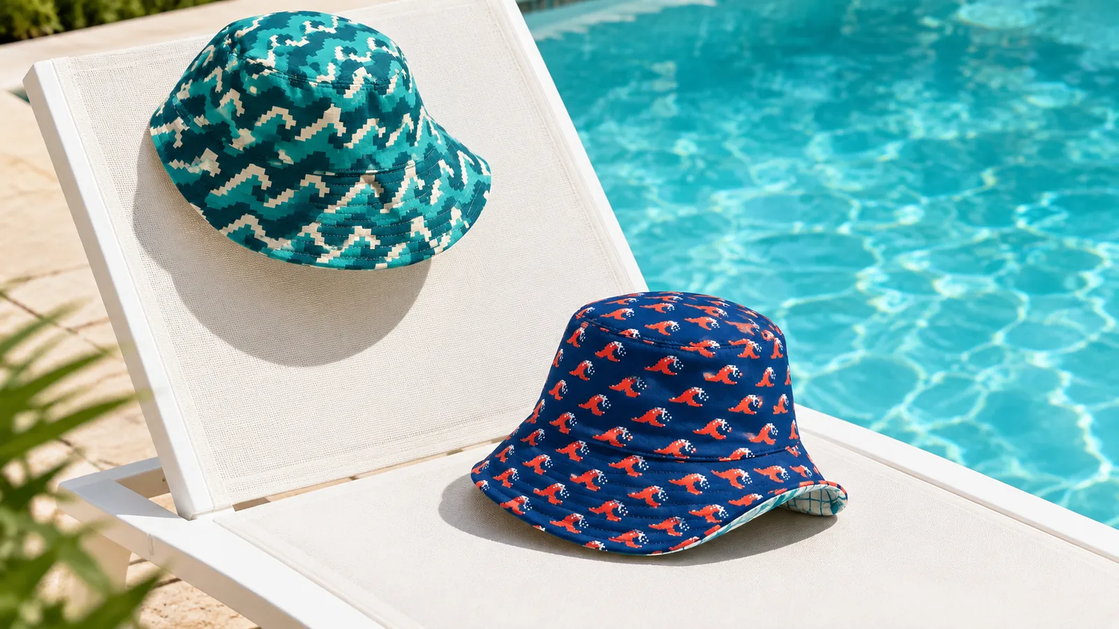 Printed bucket hats on a sun lounger by a pool
