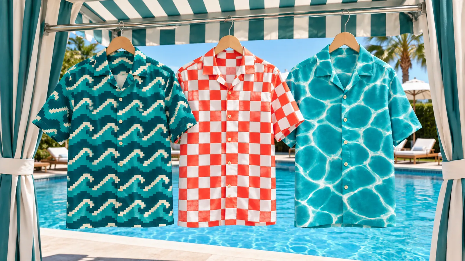 Printed camp shirts hanging at a poolside cabana