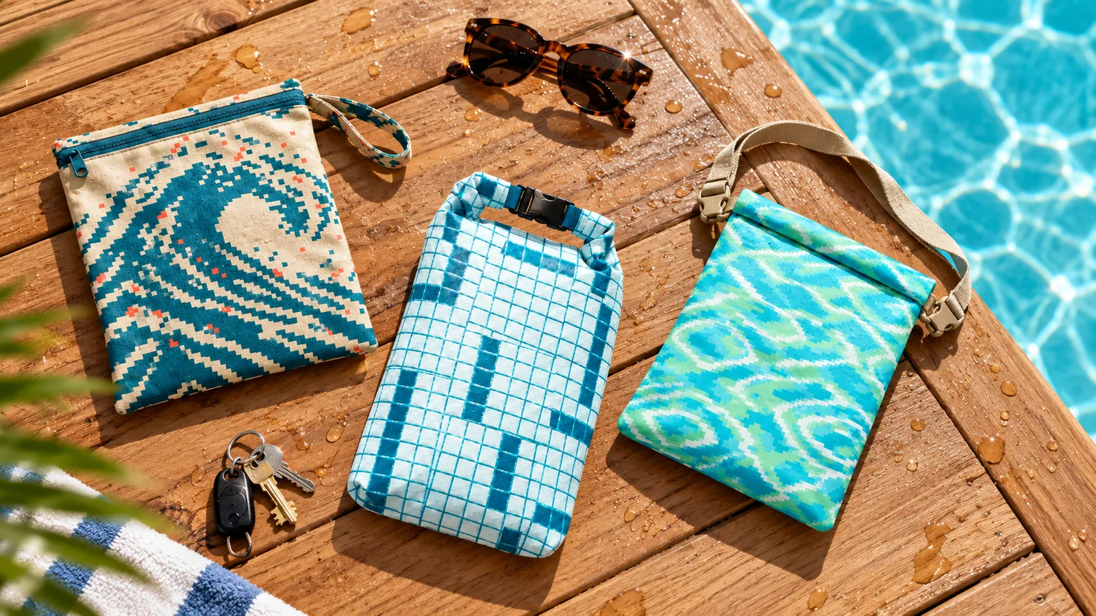 Printed dry pouches on a wooden pool deck