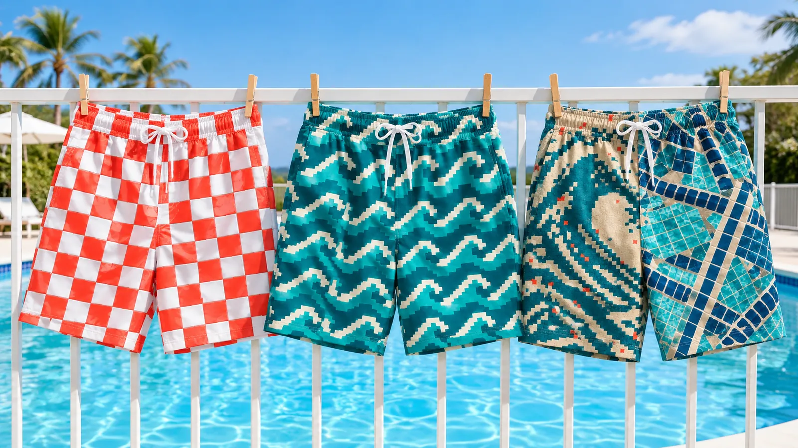 Split-print swim shorts hanging on a pool fence