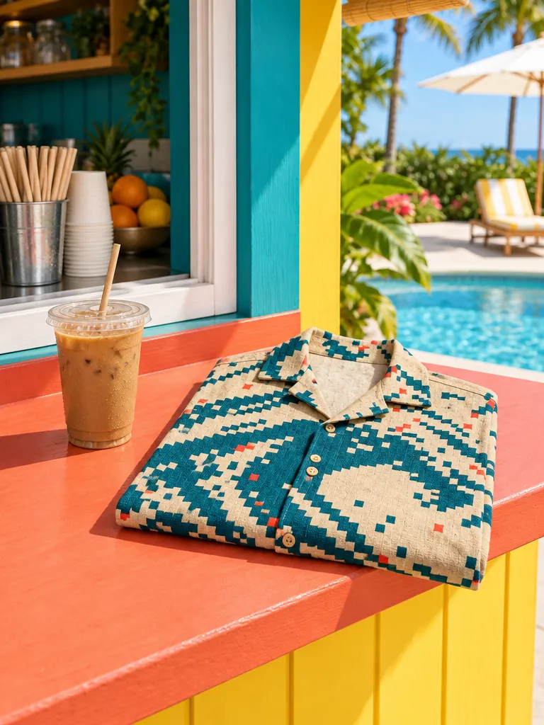 A poolside kiosk counter with a folded camp shirt