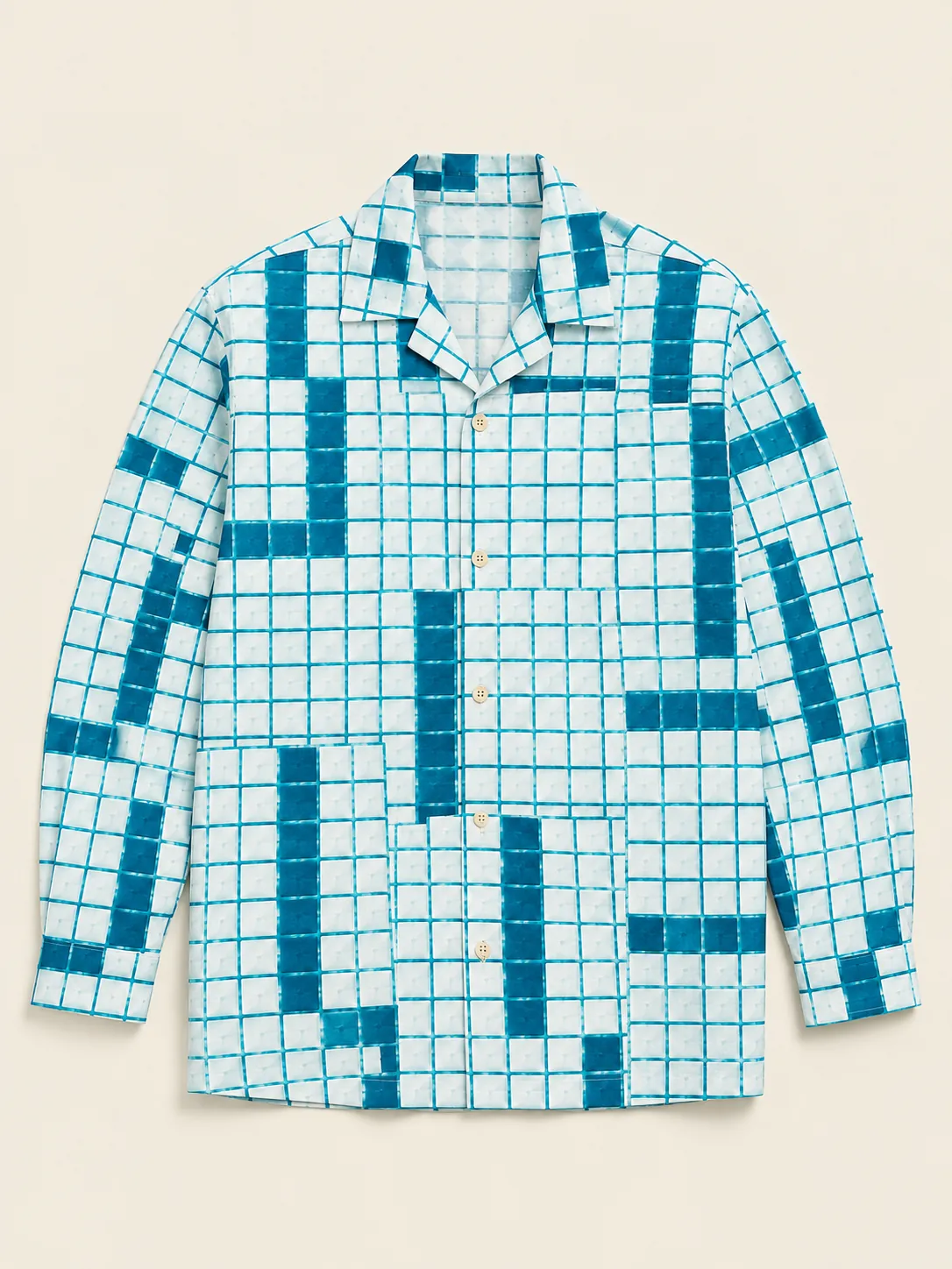 Deep End Tiles Long-Sleeve Camp Shirt, flat-lay product photo