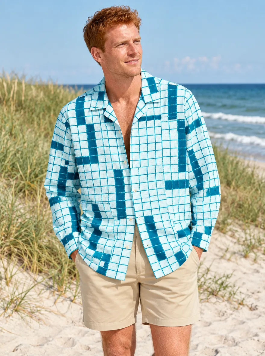 Deep End Tiles Long-Sleeve Camp Shirt, worn at the pool