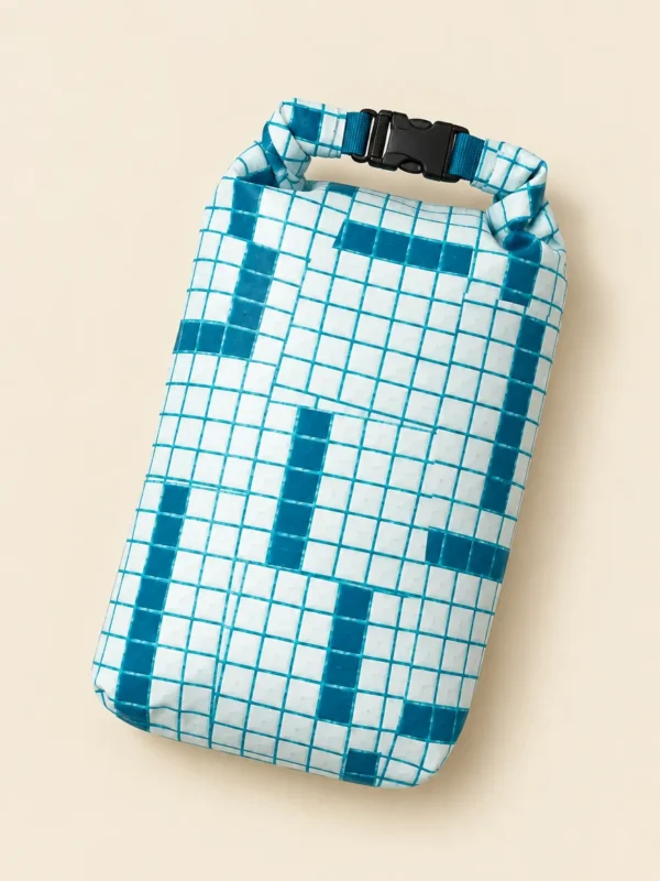 Deep End Tiles Roll-Top Dry Pouch, flat-lay product photo