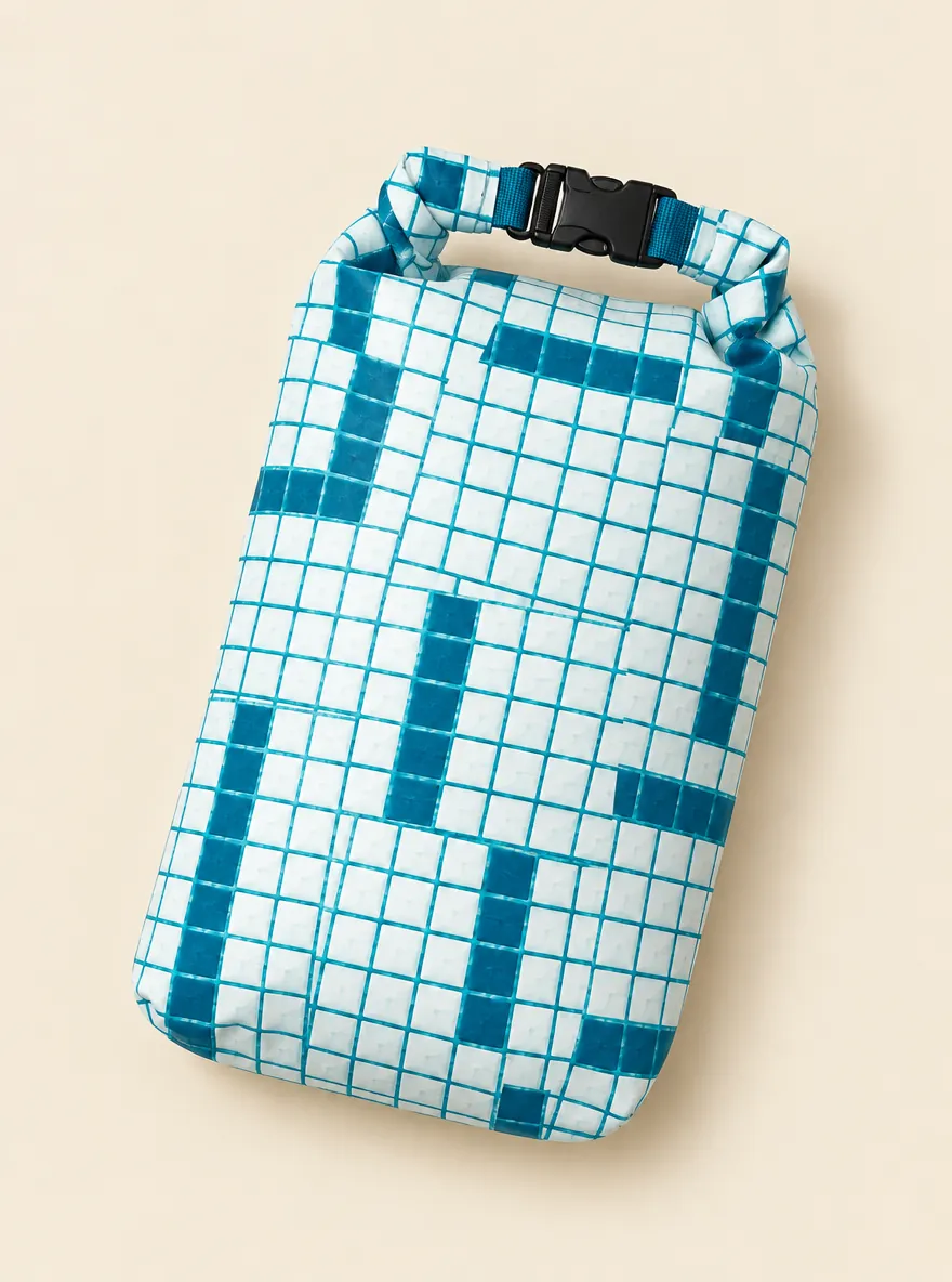 Deep End Tiles Roll-Top Dry Pouch, flat-lay product photo