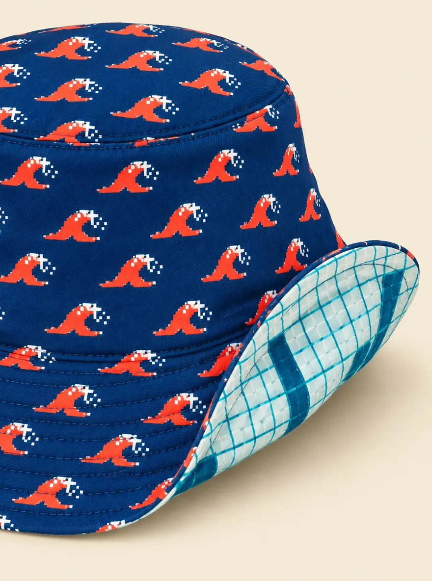 Dither Break / Deep End Tiles Reversible Bucket Hat, close-up detail