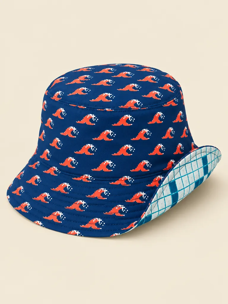 Dither Break / Deep End Tiles Reversible Bucket Hat, flat-lay product photo