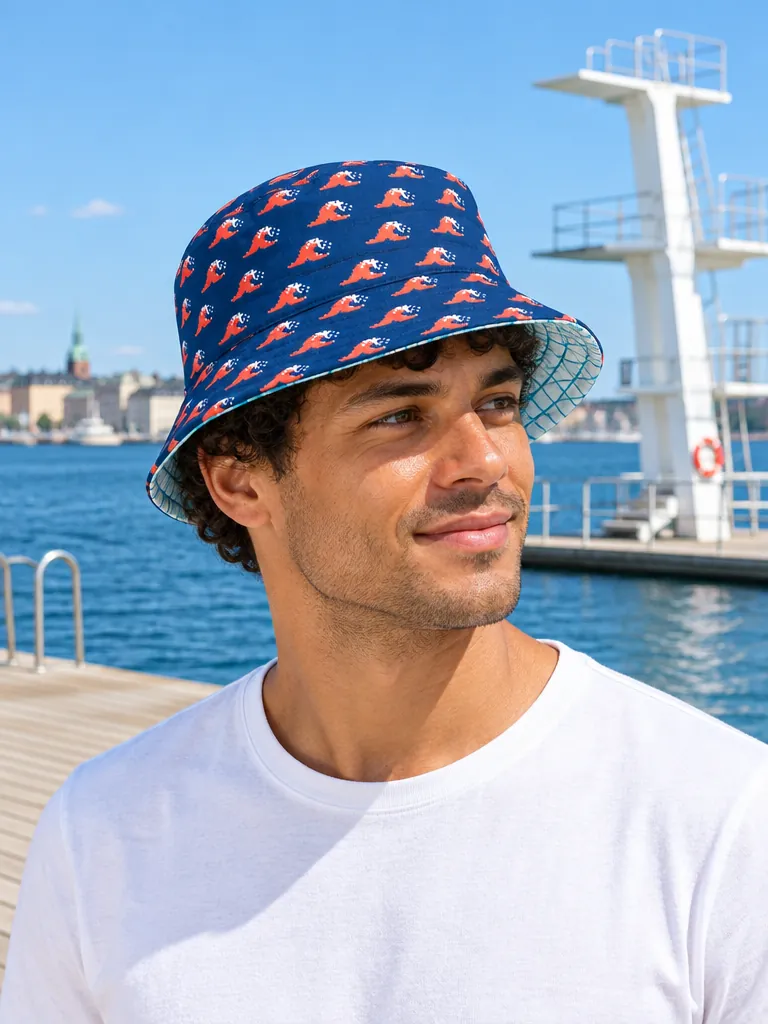 Dither Break / Deep End Tiles Reversible Bucket Hat, worn at the pool