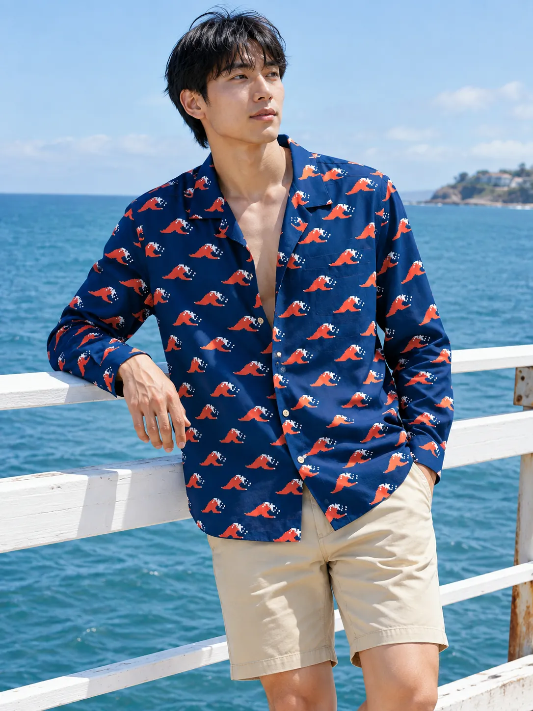 Dither Break Long-Sleeve Camp Shirt, worn at the pool