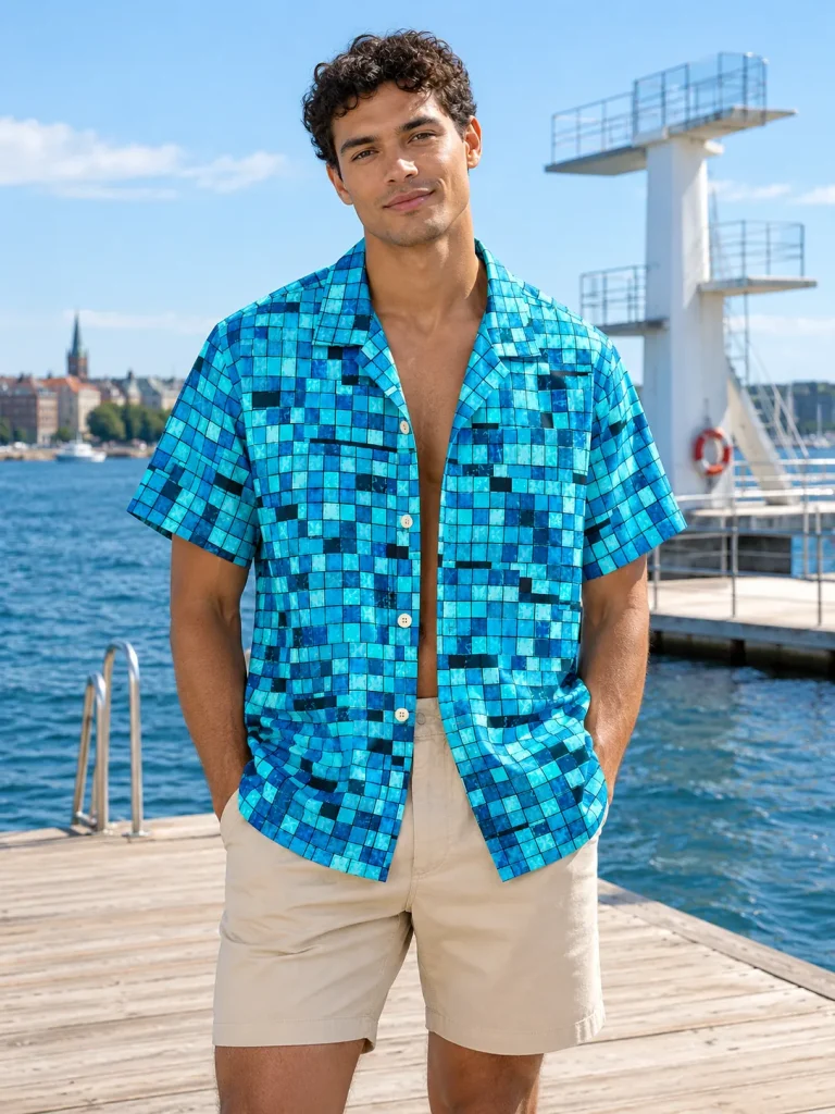 Grout Glitch Camp Shirt, worn at the pool
