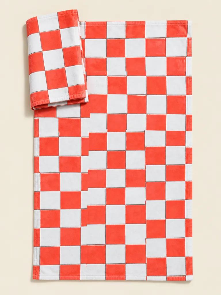 Kiosk Check Beach Towel, flat-lay product photo