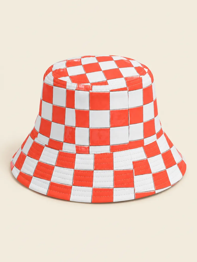 Kiosk Check Bucket Hat, flat-lay product photo