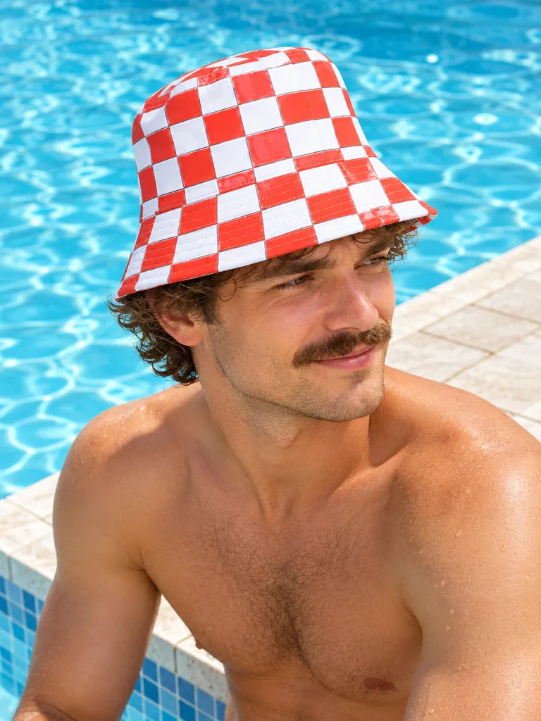Kiosk Check Bucket Hat, worn at the pool