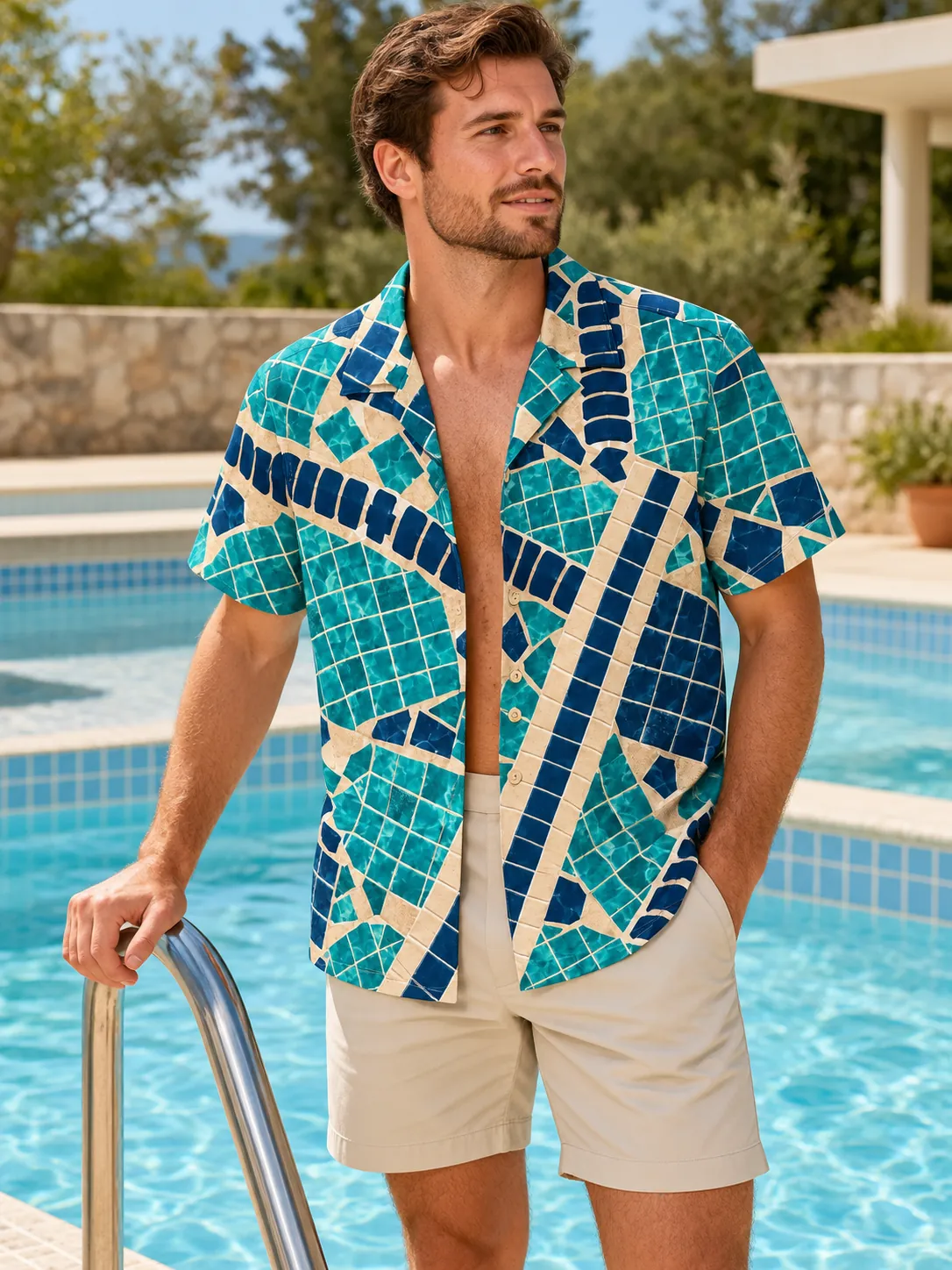 Lane Mosaic Camp Shirt, worn at the pool