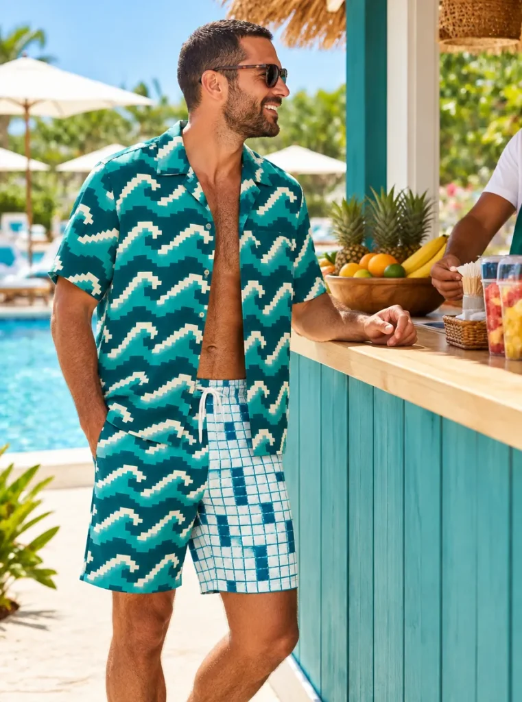 Mand ved en poolkiosk i en camp-skjorte, der matcher det ene ben på hans shorts