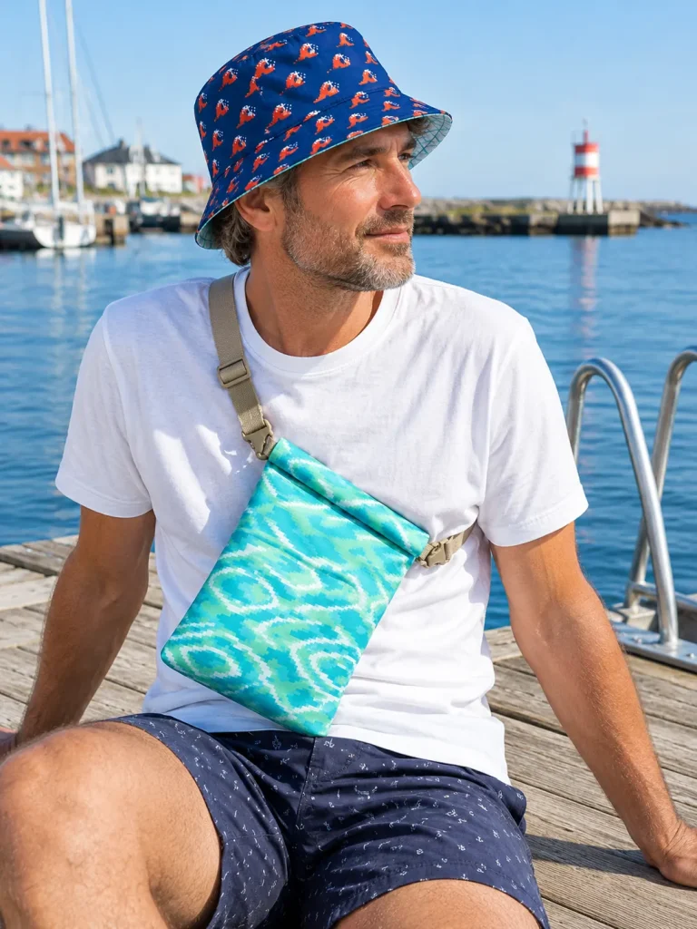 Mand på en bro i et havnebad med vendbar bøllehat og crossbody-pouch