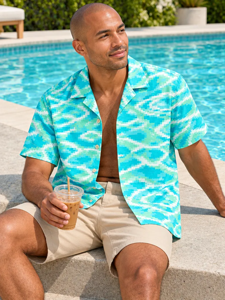 Low-Res Lagoon Camp Shirt, worn at the pool
