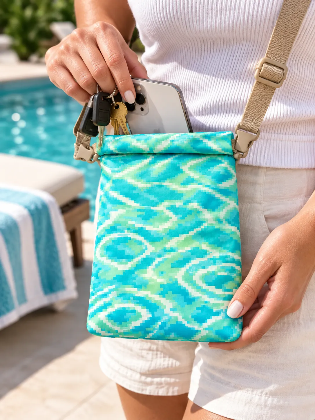 Low-Res Lagoon Crossbody Dry Pouch in use at the pool