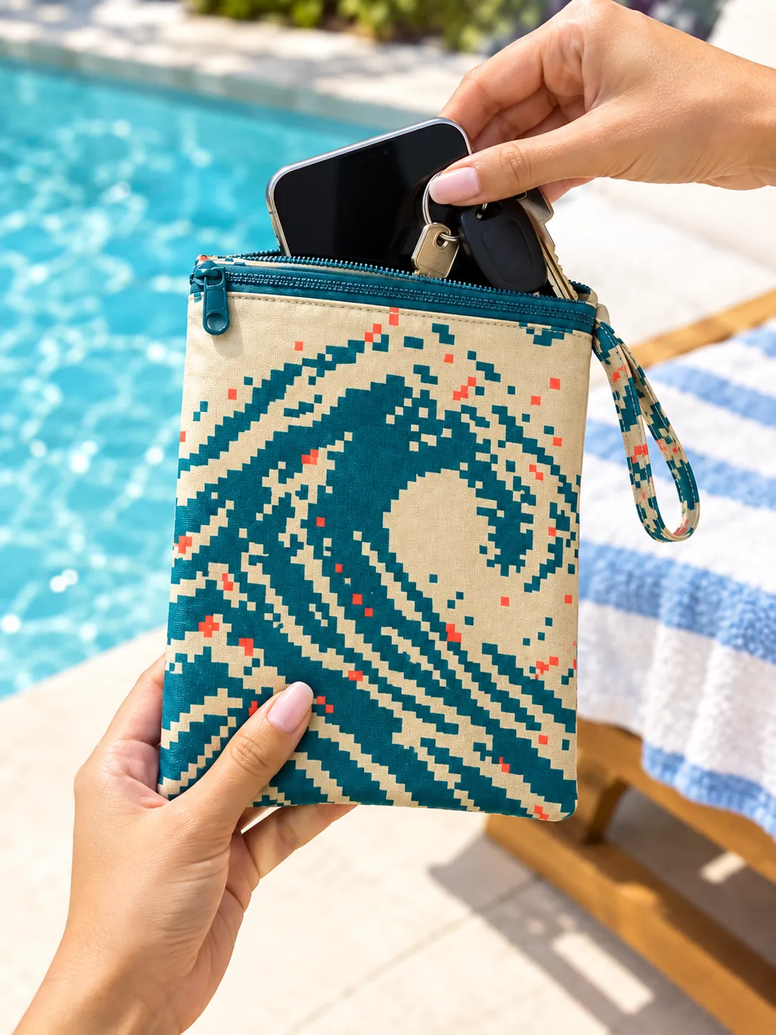 Pixel Wipeout Zip Dry Pouch in use at the pool