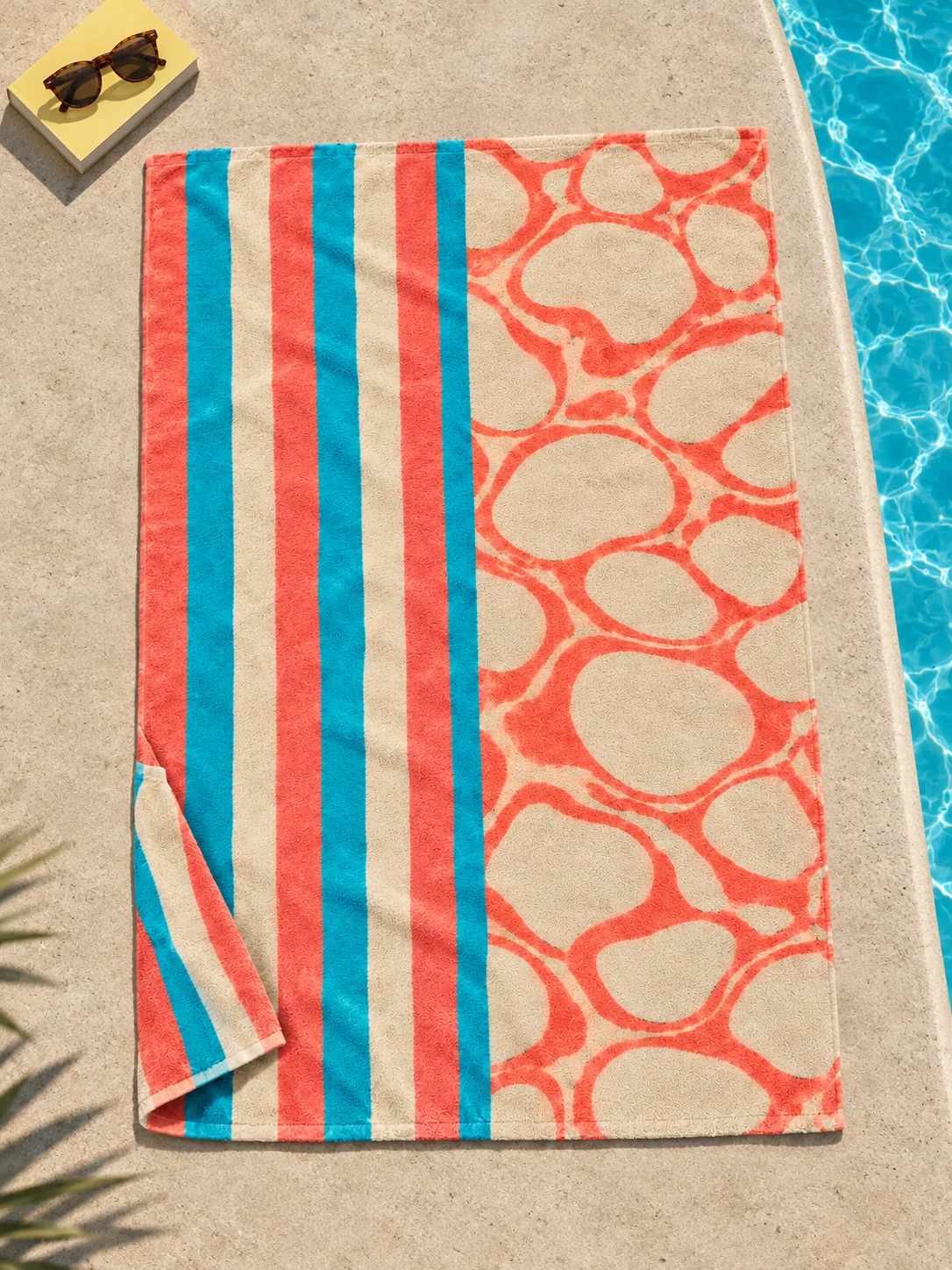 Refraction × Coral Caustics Split Beach Towel in use at the pool