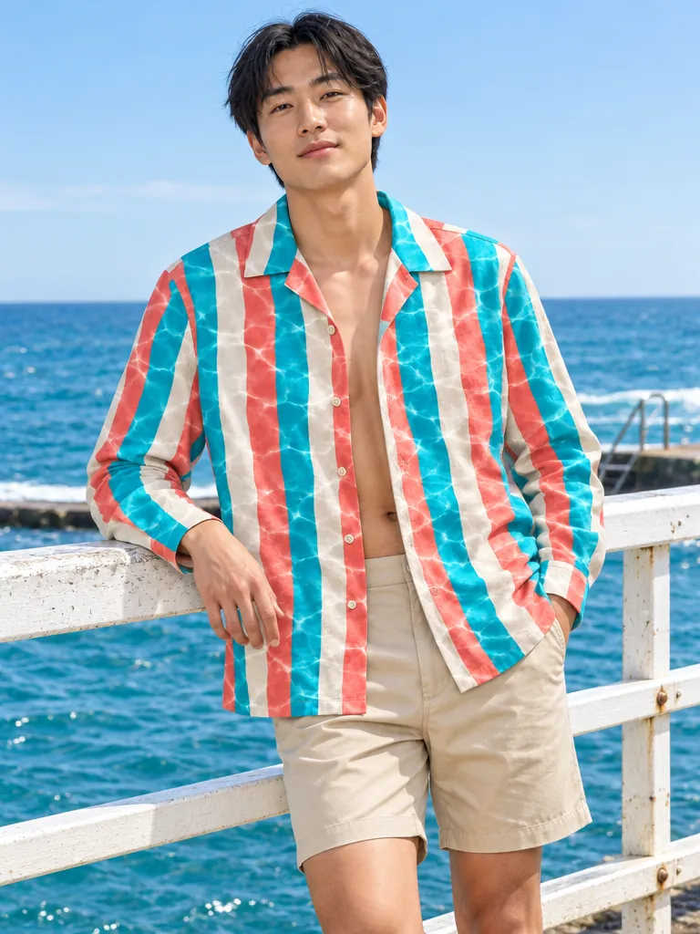 Refraction Long-Sleeve Camp Shirt, worn at the pool