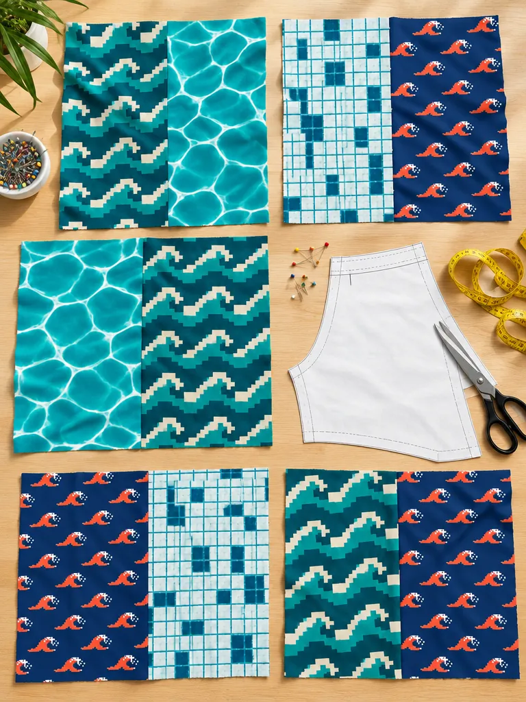 Printed swim fabrics cut in half and laid side by side on a studio table