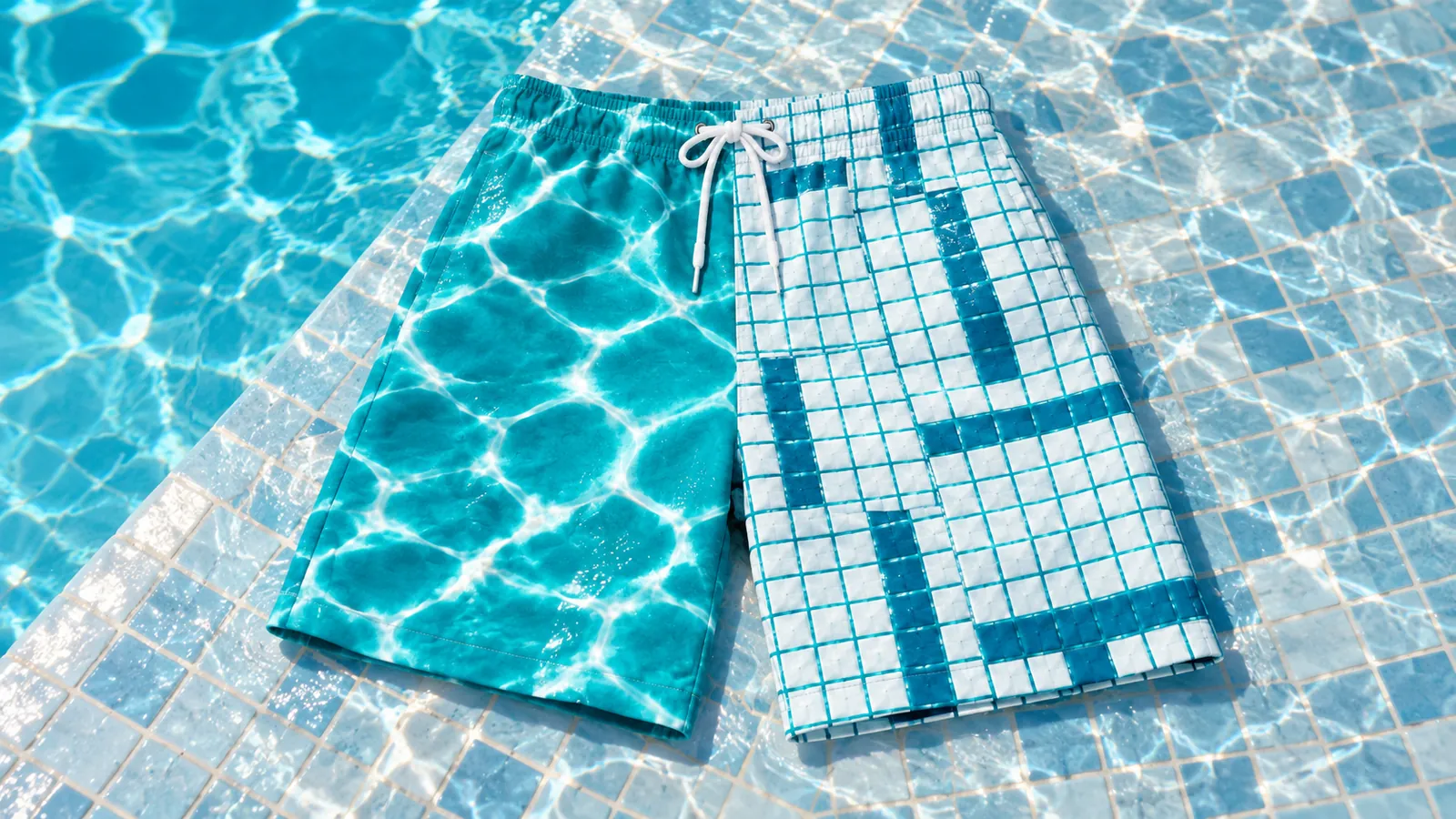 Split-print swim shorts lying on the tiles at the edge of a pool